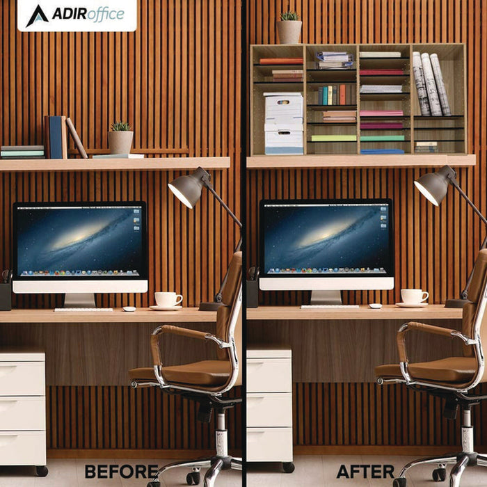 Wood Adjustable 36 Compartment Literature Organizer, 36 Sections, Letter Size, 39.3 x 11.8 x 23.9, Medium Oak