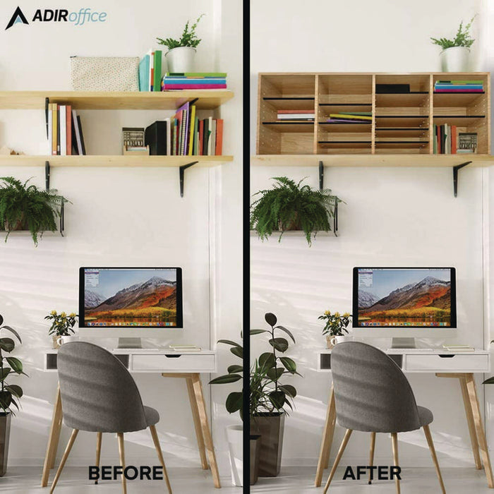 Wood Adjustable 24 Compartment Literature Organizer, 24 Sections, Letter Size, 39.3 x 11.8 x 16.3, Medium Oak
