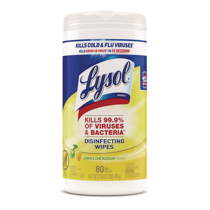 Disinfecting Wipes, 1 Ply, 7 x 7.25, Lemon and Lime Blossom, White, 80 Wipes/Canister, 6 Canisters/Carton