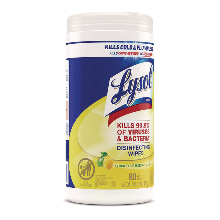 Disinfecting Wipes, 1 Ply, 7 x 7.25, Lemon and Lime Blossom, White, 80 Wipes/Canister, 6 Canisters/Carton