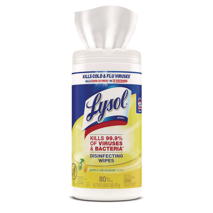 Disinfecting Wipes, 1 Ply, 7 x 7.25, Lemon and Lime Blossom, White, 80 Wipes/Canister, 6 Canisters/Carton