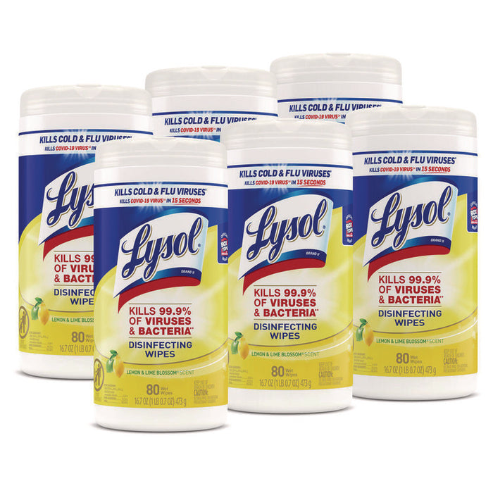 Disinfecting Wipes, 1 Ply, 7 x 7.25, Lemon and Lime Blossom, White, 80 Wipes/Canister, 6 Canisters/Carton