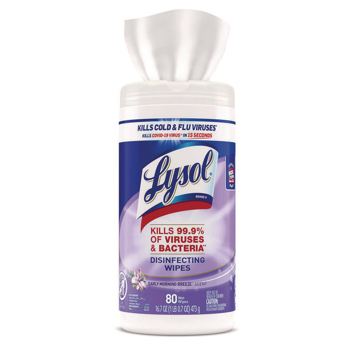 Disinfecting Wipes, 1-Ply, 7 x 7.25, Early Morning Breeze, White, 80 Wipes/Canister, 6 Canisters/Carton