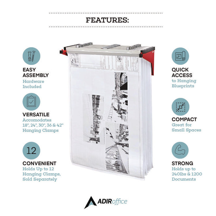 Drop Lift Blueprint Storage Wall Rack, Assorted Document Sizes Accommodated, 7.9" x 1.2" x 7.1", Red