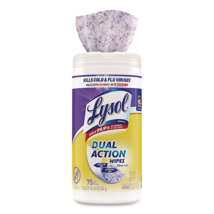 Dual Action Disinfecting Wipes, 1-Ply, 7 x 7.25, Citrus, White/Purple, 75/Canister