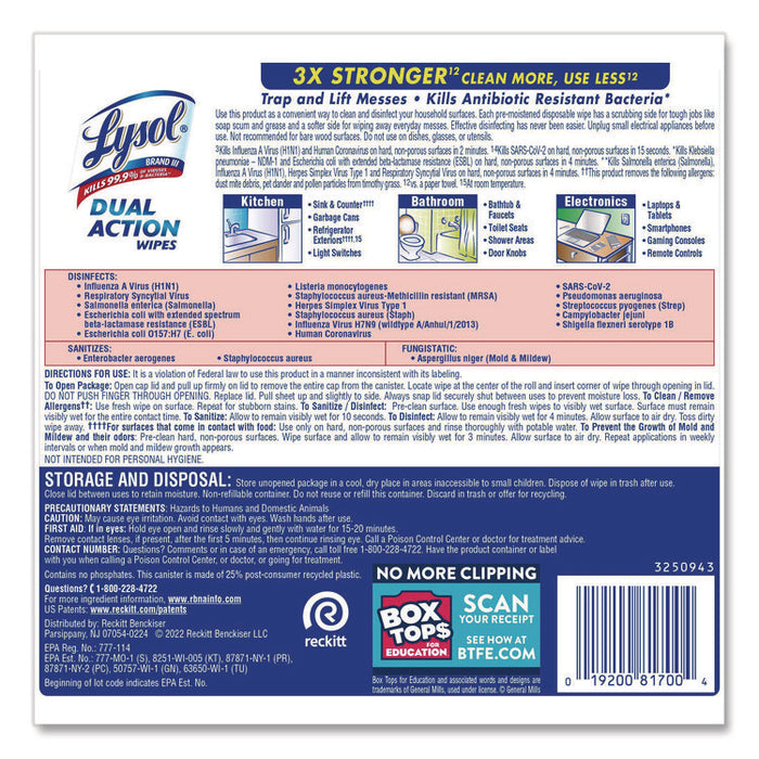 Dual Action Disinfecting Wipes, 1-Ply, 7 x 7.25, Citrus, White/Purple, 75/Canister