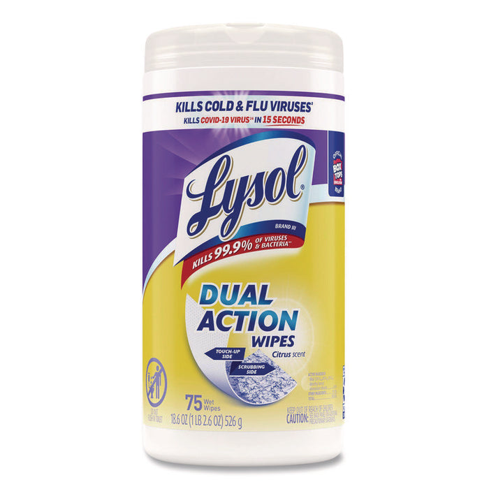 Dual Action Disinfecting Wipes, 1-Ply, 7 x 7.25, Citrus, White/Purple, 75/Canister