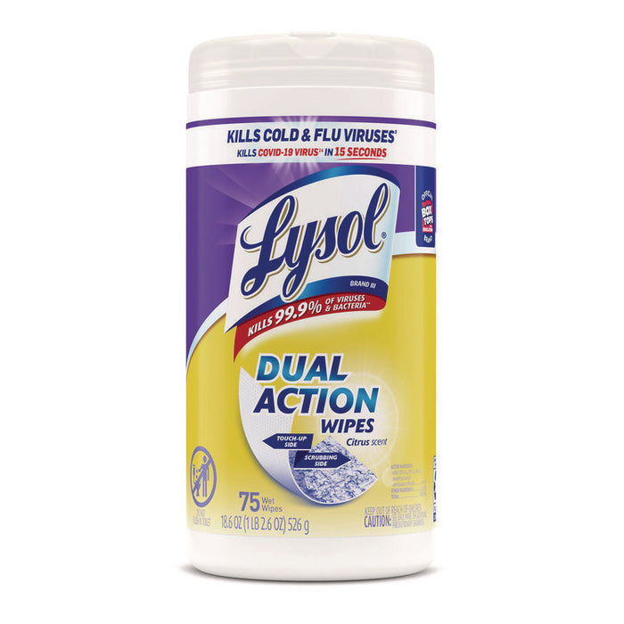 Dual Action Disinfecting Wipes, 1-Ply, 7 x 7.25, Citrus, White/Purple, 75/Canister, 6 Canisters/Carton