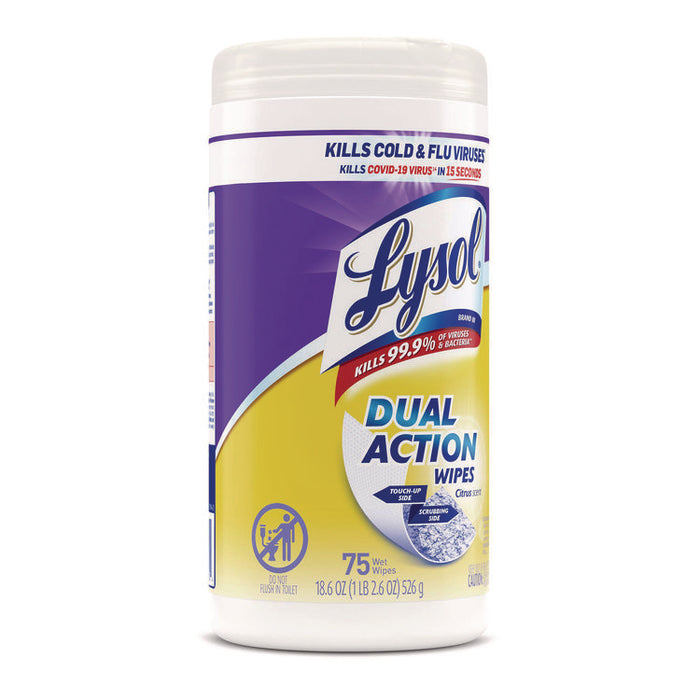 Dual Action Disinfecting Wipes, 1-Ply, 7 x 7.25, Citrus, White/Purple, 75/Canister, 6 Canisters/Carton