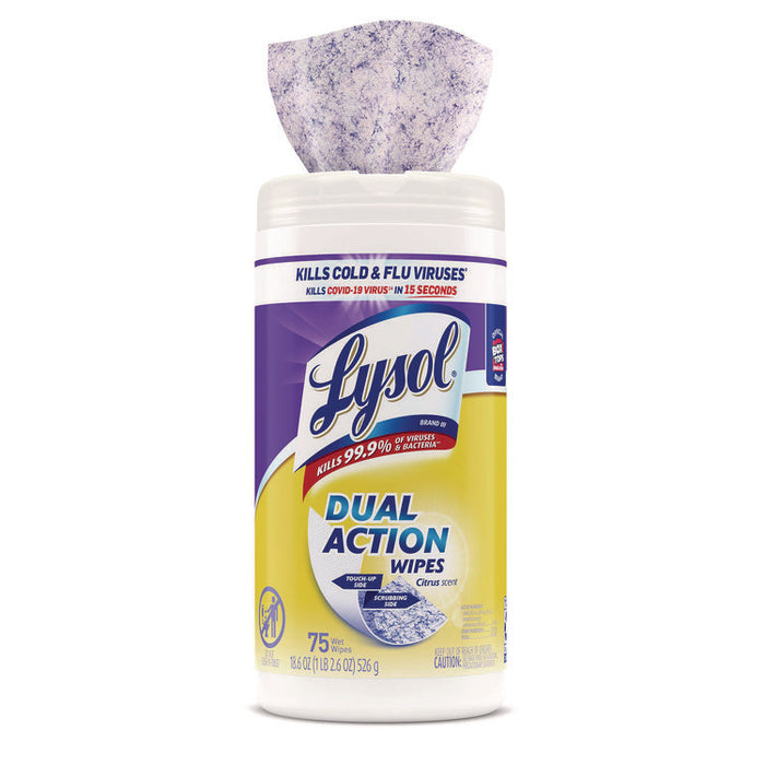 Dual Action Disinfecting Wipes, 1-Ply, 7 x 7.25, Citrus, White/Purple, 75/Canister, 6 Canisters/Carton