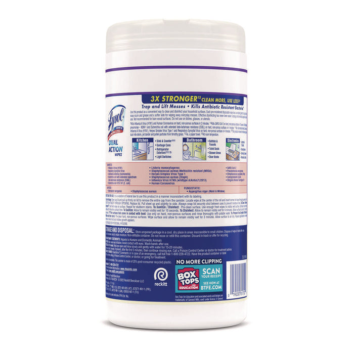 Dual Action Disinfecting Wipes, 1-Ply, 7 x 7.25, Citrus, White/Purple, 75/Canister, 6 Canisters/Carton