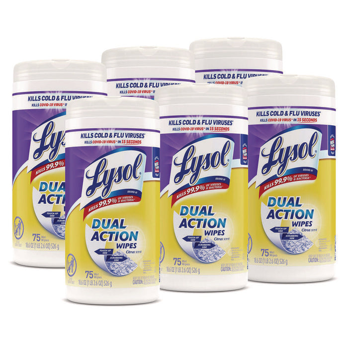 Dual Action Disinfecting Wipes, 1-Ply, 7 x 7.25, Citrus, White/Purple, 75/Canister, 6 Canisters/Carton