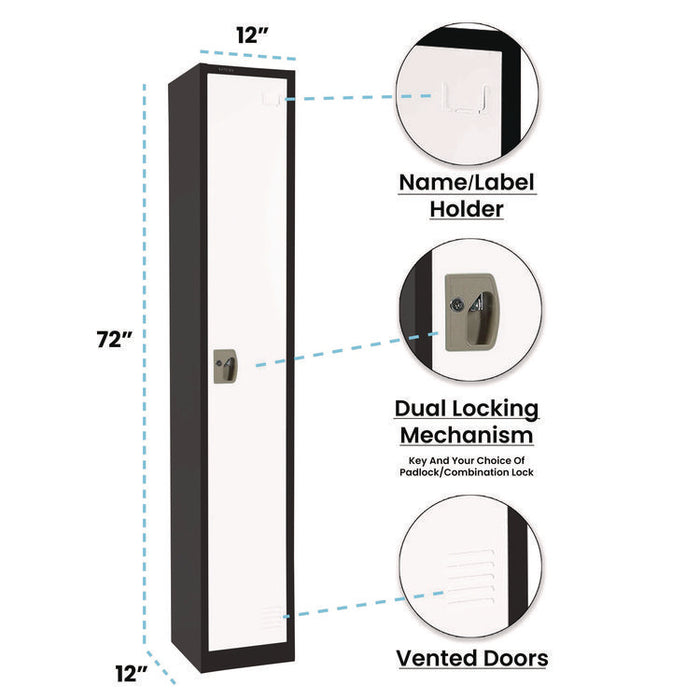 Steel Storage Locker, 1 Compartment, 12 x 12 x 72, Black Body/White Doors