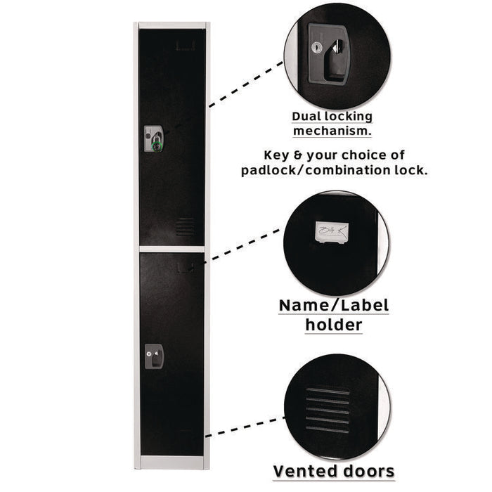 Steel Storage Locker, 2 Compartment, 12 x 12 x 72, Black