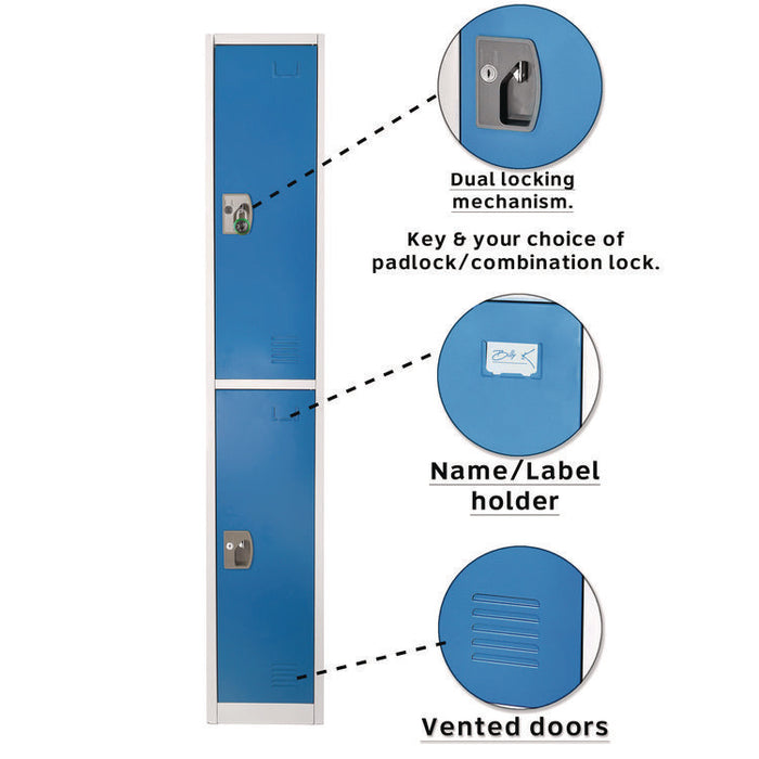 Steel Storage Locker, 2 Compartment, 12 x 12 x 72, Blue