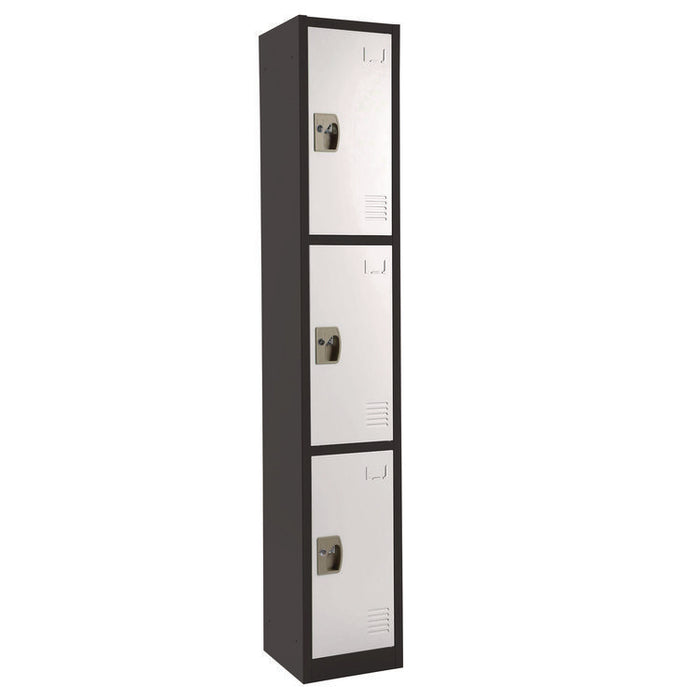Steel Storage Locker, 3 Compartment, 12 x 12 x 72, Black Body/White Doors