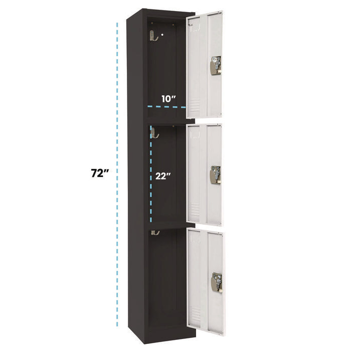 Steel Storage Locker, 3 Compartment, 12 x 12 x 72, Black Body/White Doors