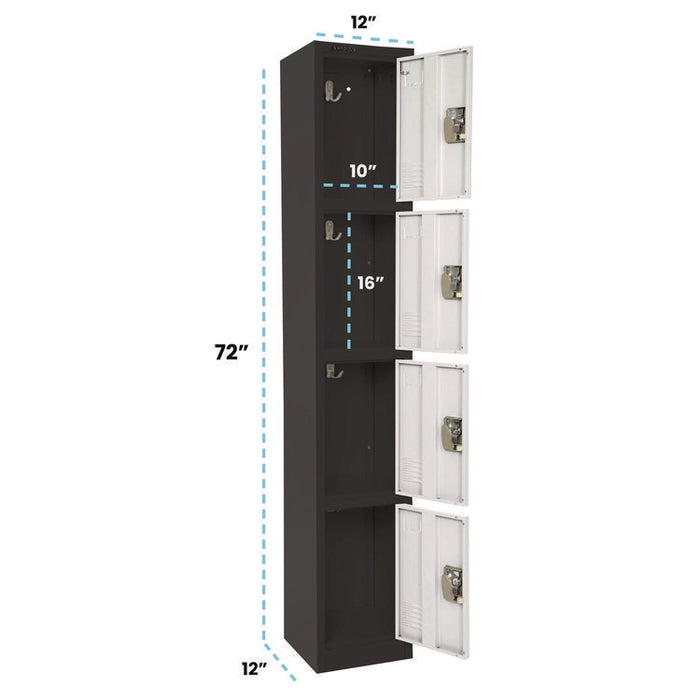 Steel Storage Locker, 4 Compartment, 12 x 12 x 72, Black Body/White Doors