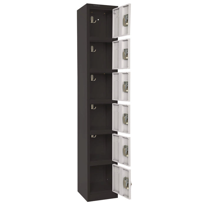 Steel Storage Locker, 6 Compartment, 12 x 12 x 72, Black Body/White Doors