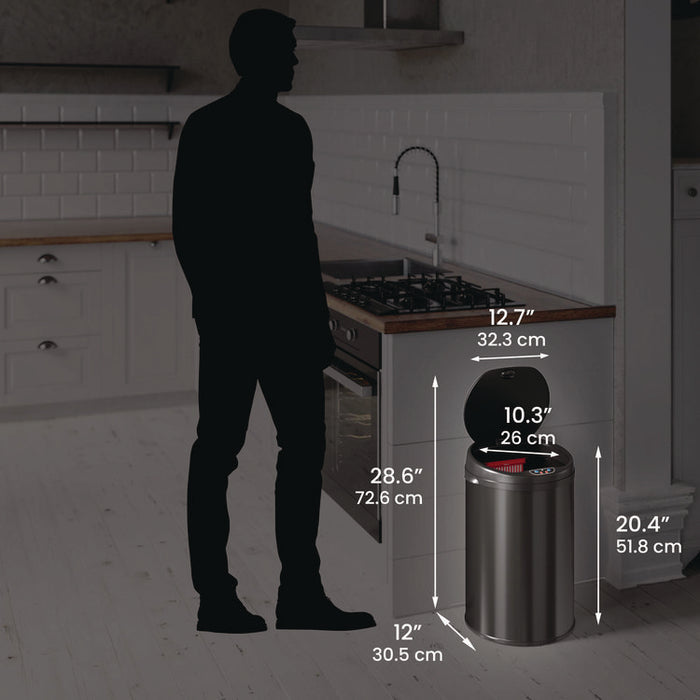 Sensor Trash Can, 8 gal, Plastic/Stainless Steel, Black