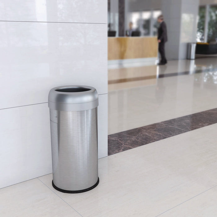 Open Top Trash Can, Round, 16 gal, Plastic/Stainless Steel, Silver