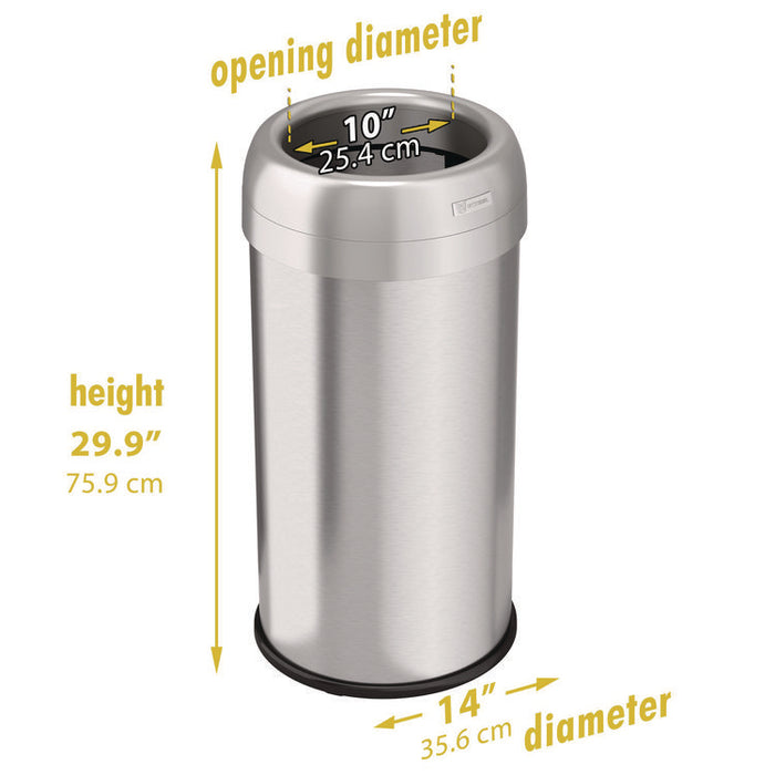 Open Top Trash Can, Round, 16 gal, Plastic/Stainless Steel, Silver