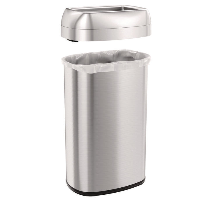 Open Top Trash Can, Oval, 16 gal, Plastic/Stainless Steel, Silver
