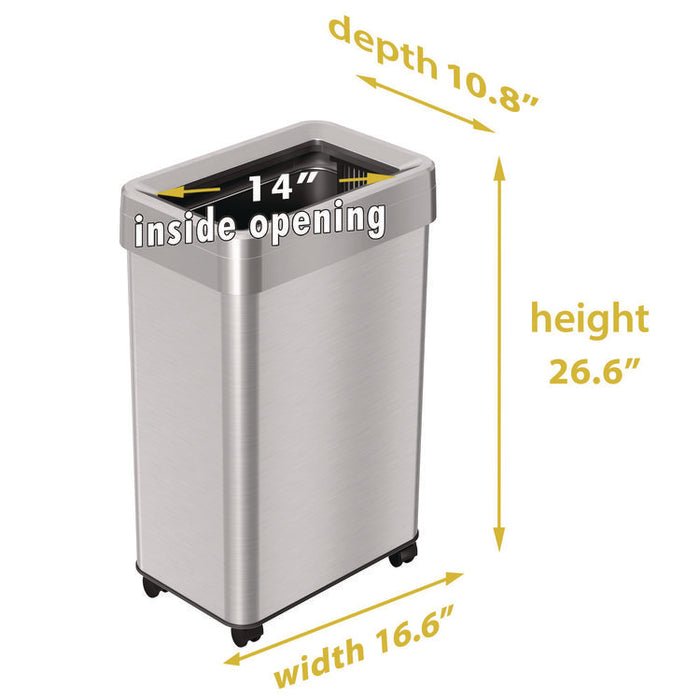 Open Top Trash Can with Wheels, Rectangular, 16 gal, Plastic/Stainless Steel, Silver