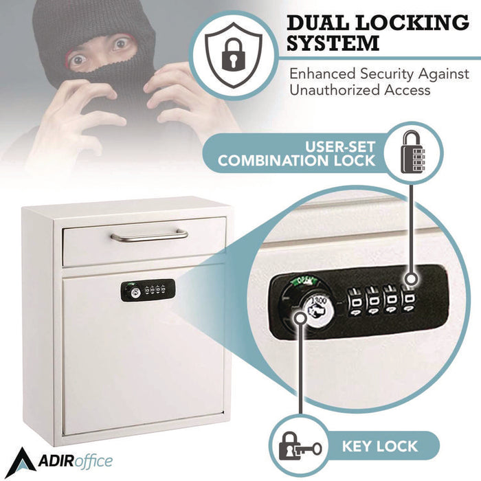 Medium Secure Drop Box Wall Mounted Locking Mail Box with Key and Combination Lock, 10.51 x 4.72 x 12, White