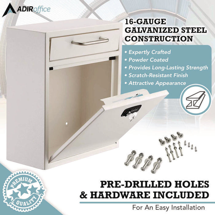 Medium Secure Drop Box Wall Mounted Locking Mail Box with Key and Combination Lock, 10.51 x 4.72 x 12, White
