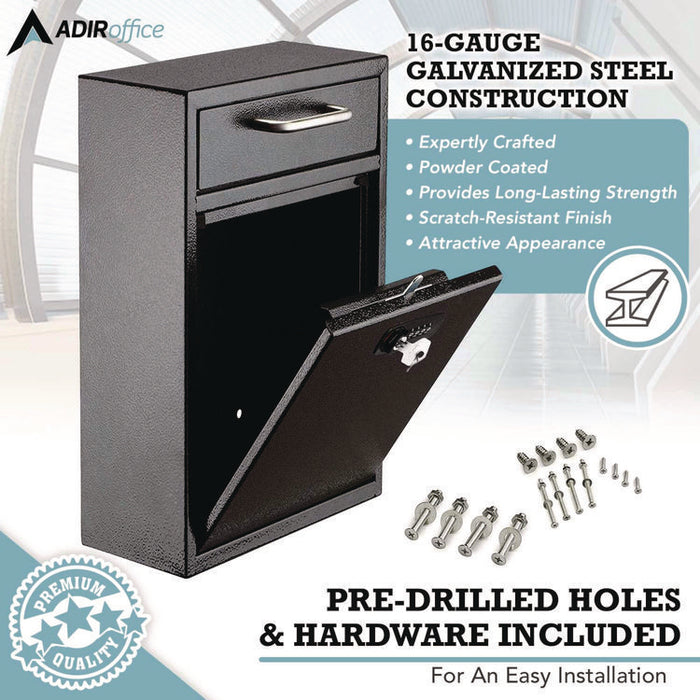 Large Secure Drop Box Wall Mounted Locking Mail Box with Key and Combination lock, 11.2 x 4.7 x 16.2, Black