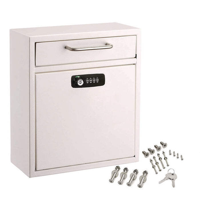 Medium Secure Drop Box Wall Mounted Locking Mail Box with Key and Combination Lock, 10.51 x 4.72 x 12, White