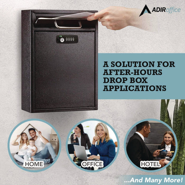 Large Secure Drop Box Wall Mounted Locking Mail Box with Key and Combination lock, 11.2 x 4.7 x 16.2, Black