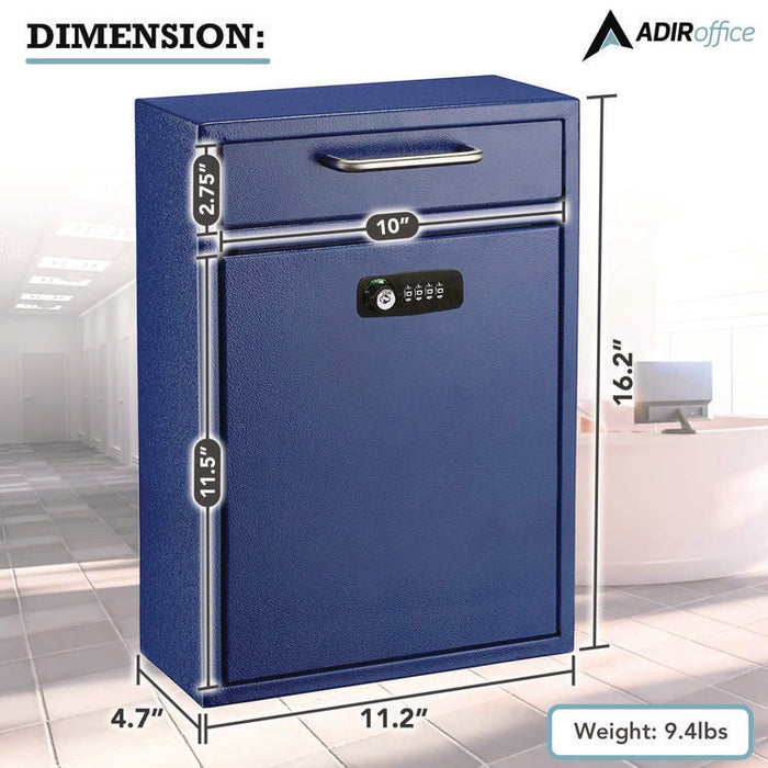 Large Secure Drop Box Wall Mounted Locking Mail Box with Key and Combination lock, 11.2 x 4.7 x 16.2, Blue