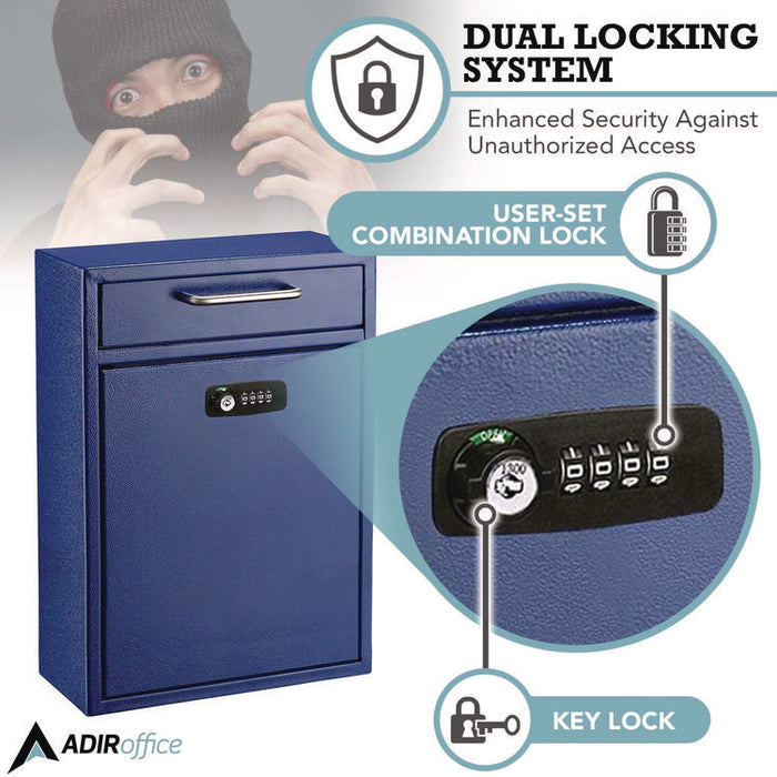 Large Secure Drop Box Wall Mounted Locking Mail Box with Key and Combination lock, 11.2 x 4.7 x 16.2, Blue