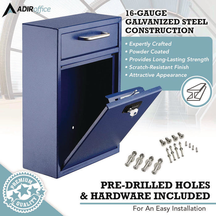 Large Secure Drop Box Wall Mounted Locking Mail Box with Key and Combination lock, 11.2 x 4.7 x 16.2, Blue