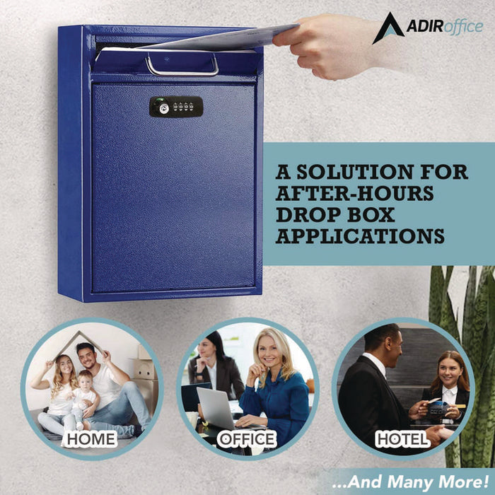 Large Secure Drop Box Wall Mounted Locking Mail Box with Key and Combination lock, 11.2 x 4.7 x 16.2, Blue