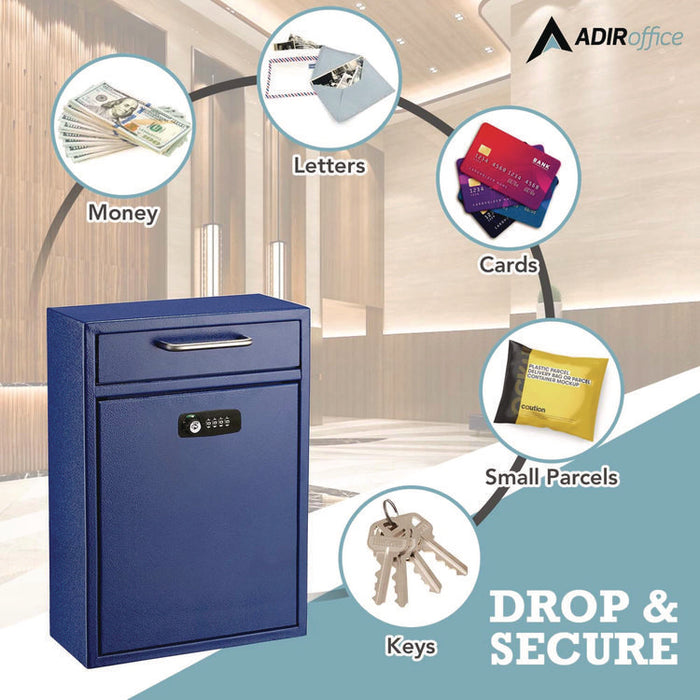Large Secure Drop Box Wall Mounted Locking Mail Box with Key and Combination lock, 11.2 x 4.7 x 16.2, Blue