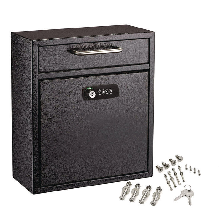Medium Secure Drop Box Wall Mounted Locking Mail Box with Key and Combination Lock, 10.51 x 4.72 x 12, Black