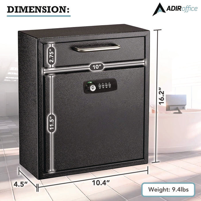 Medium Secure Drop Box Wall Mounted Locking Mail Box with Key and Combination Lock, 10.51 x 4.72 x 12, Black