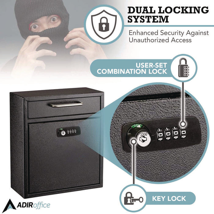 Medium Secure Drop Box Wall Mounted Locking Mail Box with Key and Combination Lock, 10.51 x 4.72 x 12, Black
