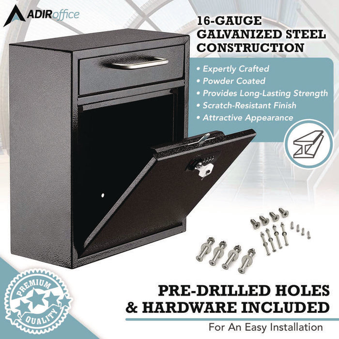Medium Secure Drop Box Wall Mounted Locking Mail Box with Key and Combination Lock, 10.51 x 4.72 x 12, Black