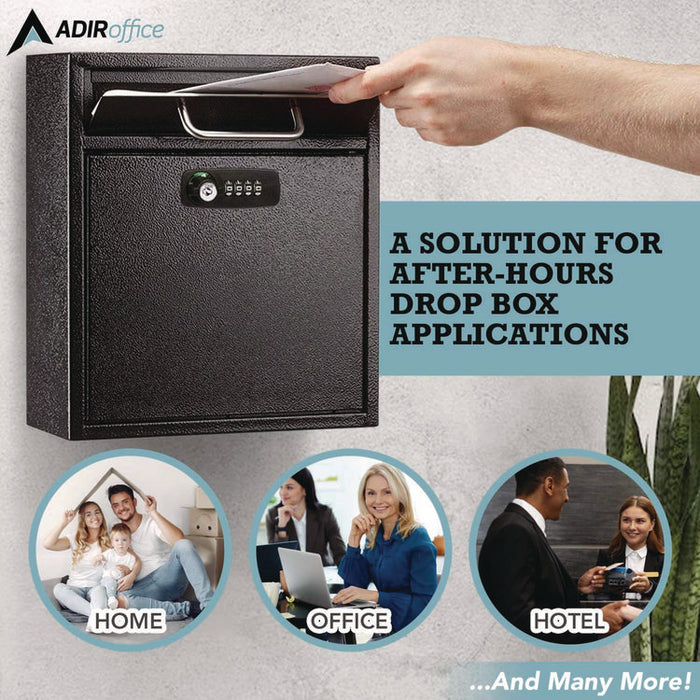 Medium Secure Drop Box Wall Mounted Locking Mail Box with Key and Combination Lock, 10.51 x 4.72 x 12, Black