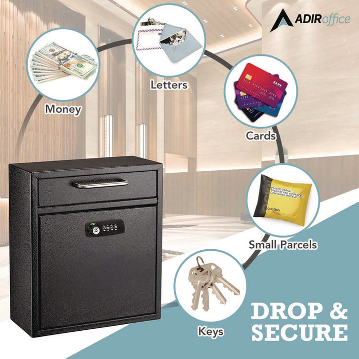 Medium Secure Drop Box Wall Mounted Locking Mail Box with Key and Combination Lock, 10.51 x 4.72 x 12, Black