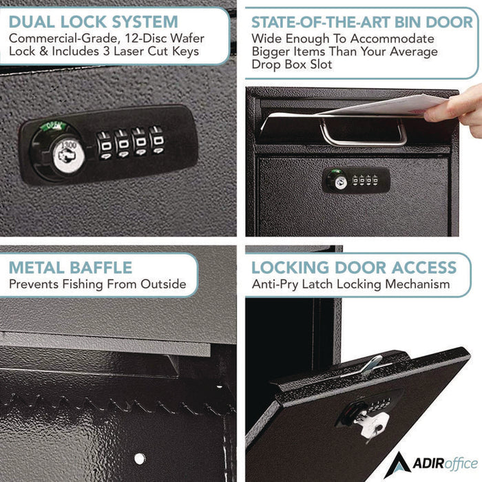 Medium Secure Drop Box Wall Mounted Locking Mail Box with Key and Combination Lock, 10.51 x 4.72 x 12, Black