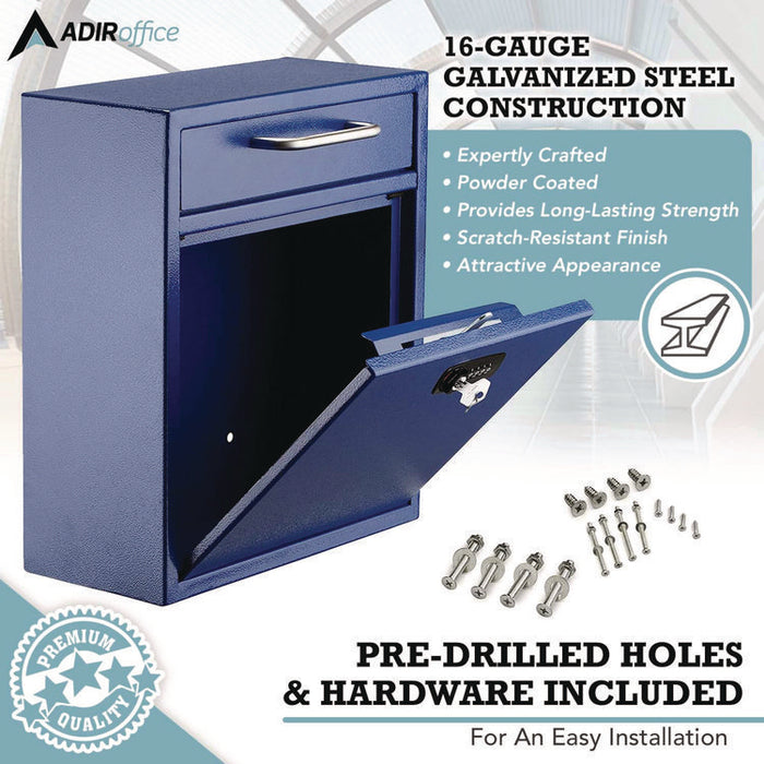 Medium Secure Drop Box Wall Mounted Locking Mail Box with Key and Combination Lock, 10.51 x 4.72 x 12, Blue