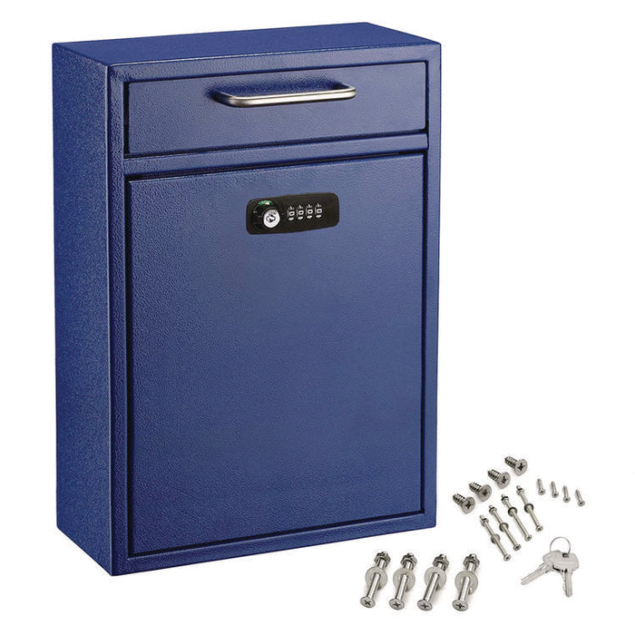 Large Secure Drop Box Wall Mounted Locking Mail Box with Key and Combination lock, 11.2 x 4.7 x 16.2, Blue