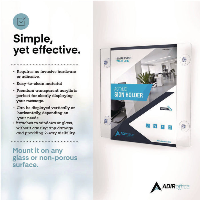 Clear Suction Acrylic Window Sign Holder, 8 x 11, Clear Frame, 6/Pack
