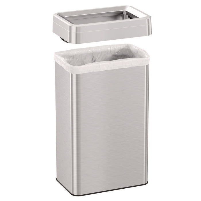 Open Top Trash Can, Rectangular, 18 gal, Plastic/Stainless Steel, Silver