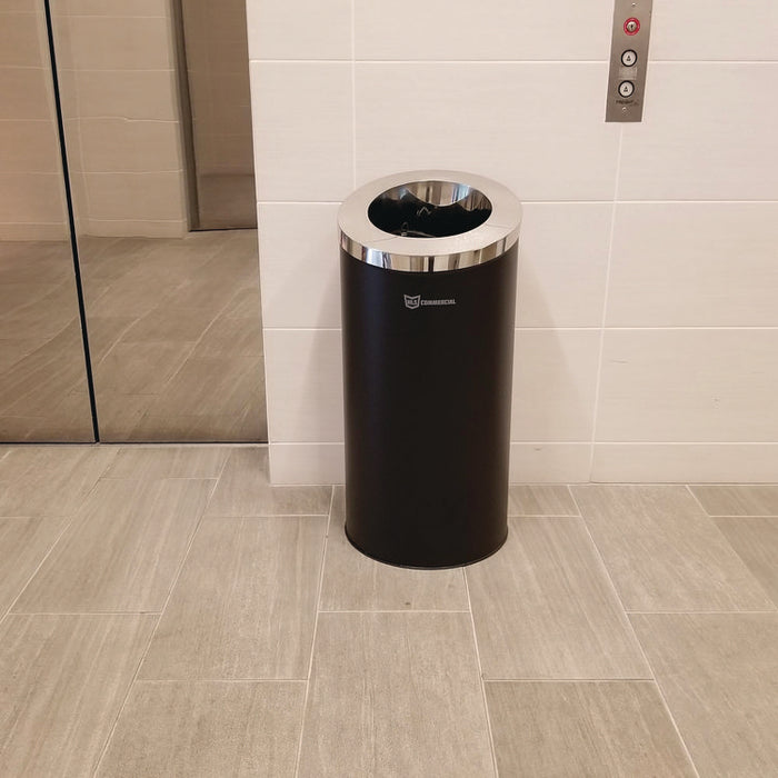 Beveled Open Top Trash Can, 15 gal, Stainless Steel, Black
